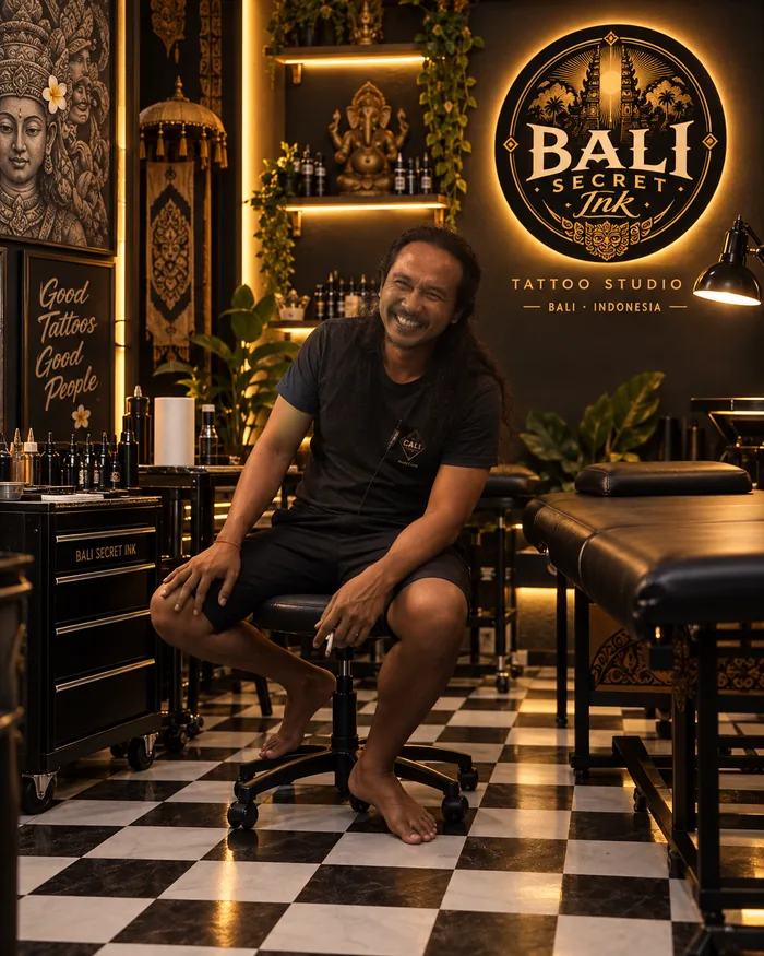 Dewa seated and smiling in the Bali Secret Ink studio