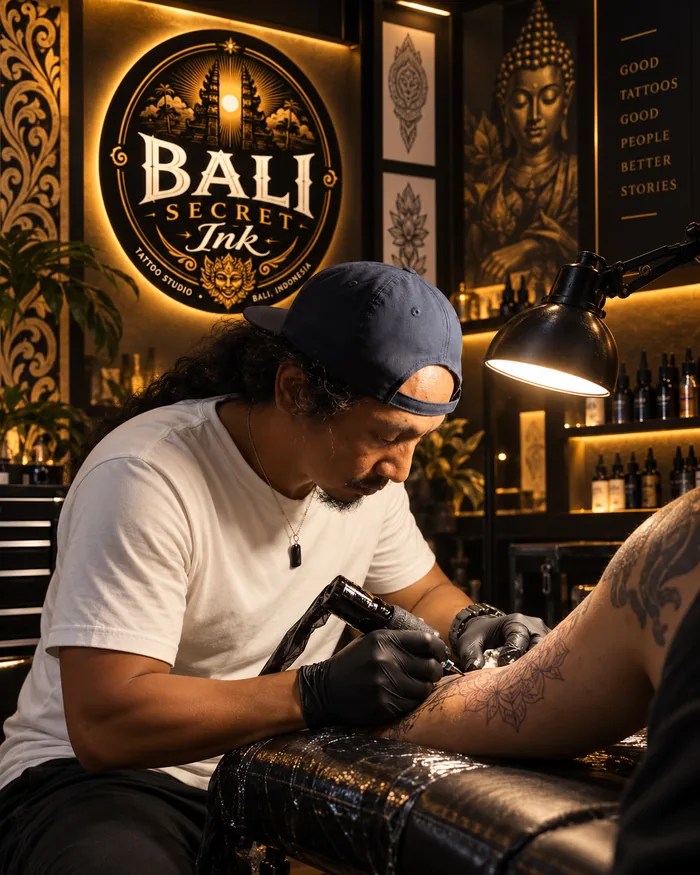 Dewa tattooing a client's arm in the studio