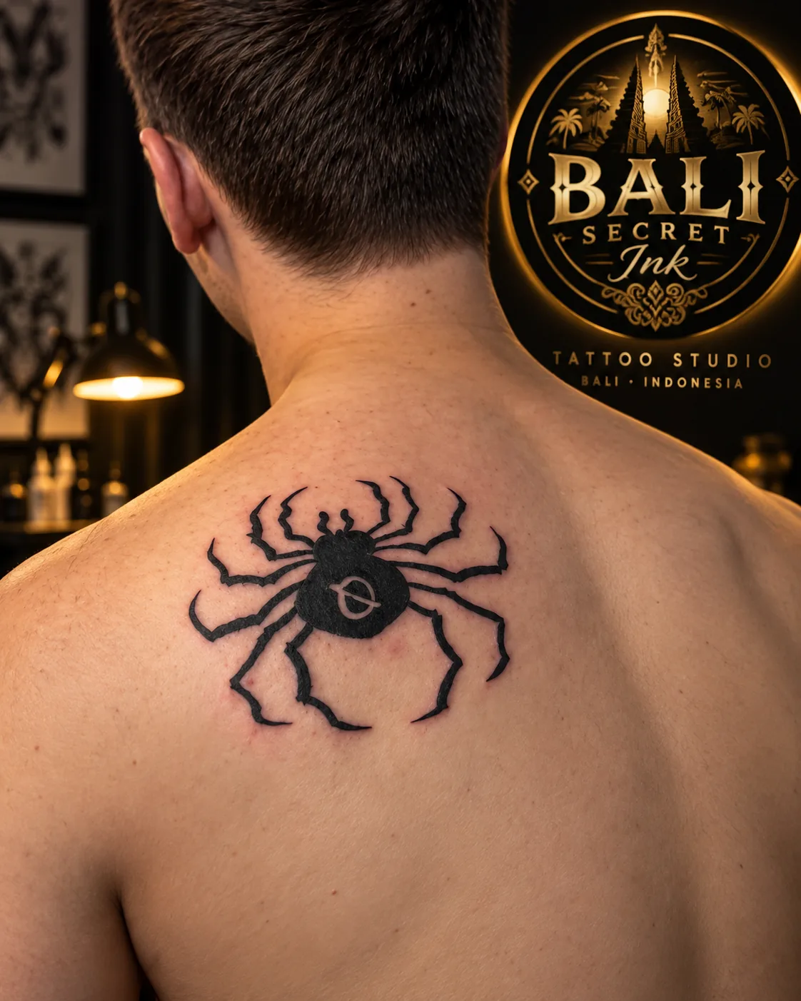 Photograph of a solid black spider tattoo on a client's upper back